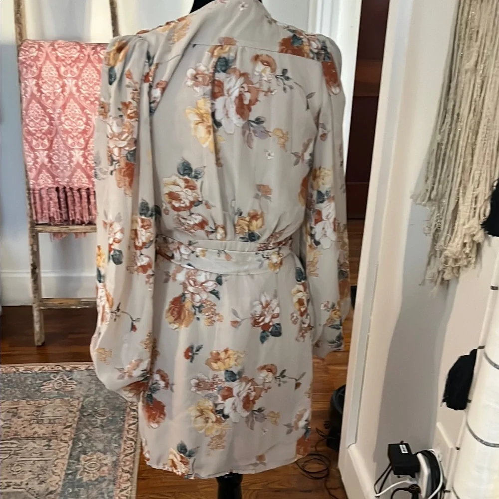Hudson Gray Beige Floral Wrap Dress NWOTSheer Long Sleeve Tie Waist Size Small